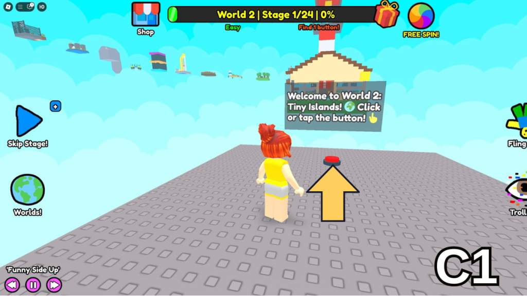 The Stage One button in the Easy Version of Roblox Find Buttons World Two