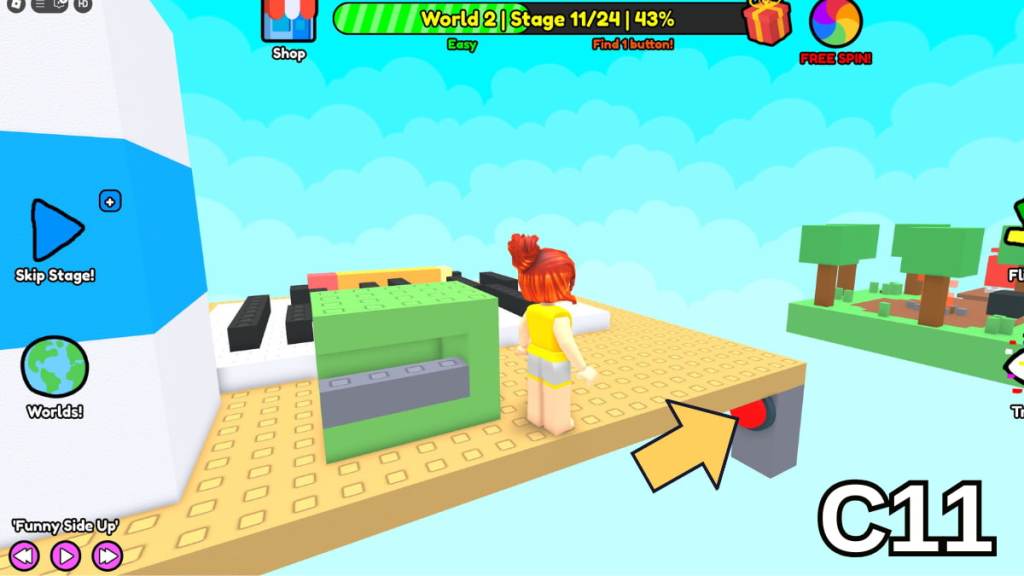The Stage Eleven button in the Easy Version of Roblox Find Buttons World Two