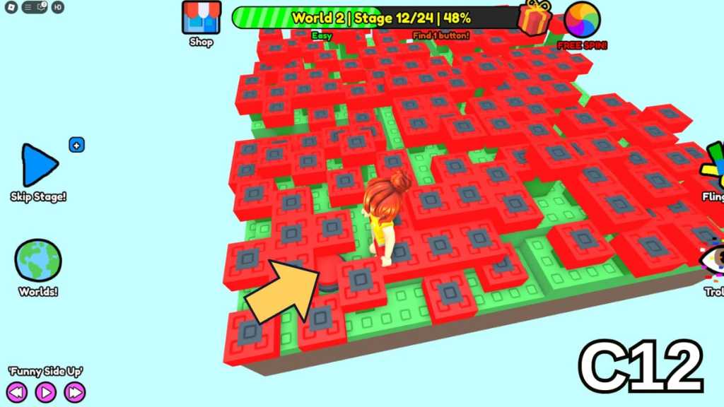 The Stage Twelve button in the Easy Version of Roblox Find Buttons World Two