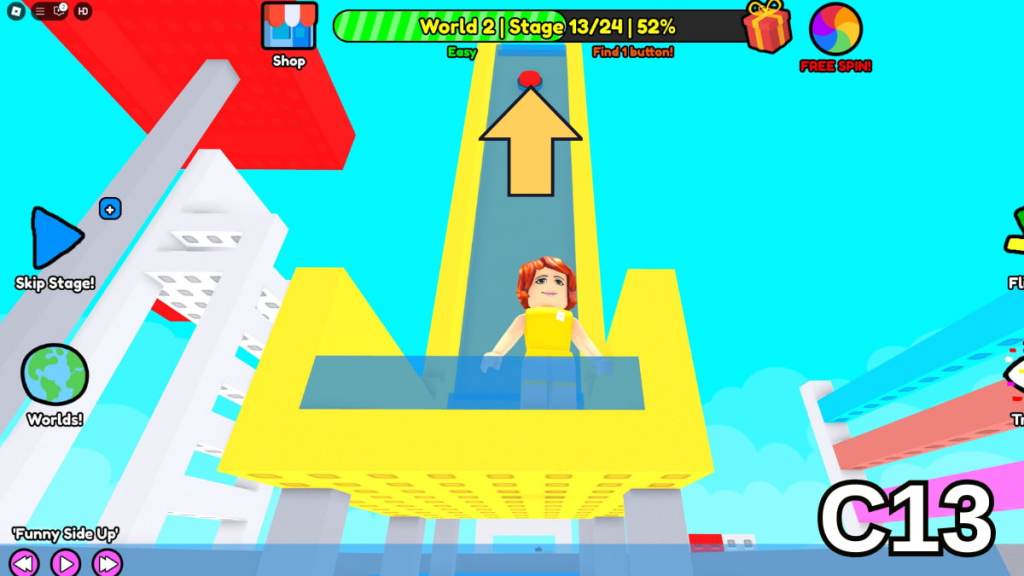 The Stage Thirteen button in the Easy Version of Roblox Find Buttons World Two