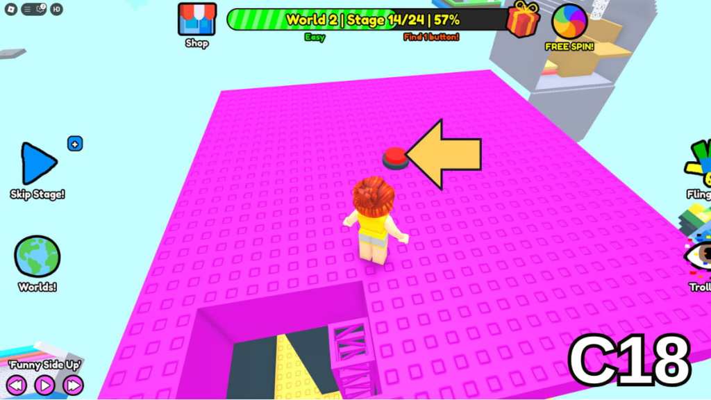 The Stage Fourteen button in the Easy Version of Roblox Find Buttons World Two