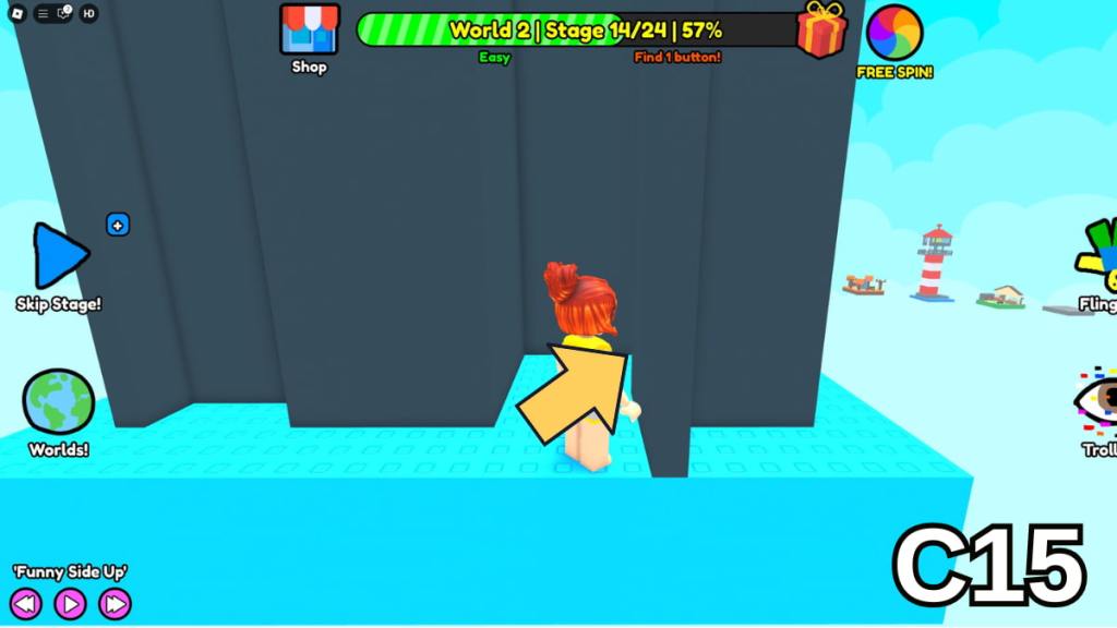 Jumping across a Stage 14 maze wall in the Easy Version of Roblox Find Buttons World Two