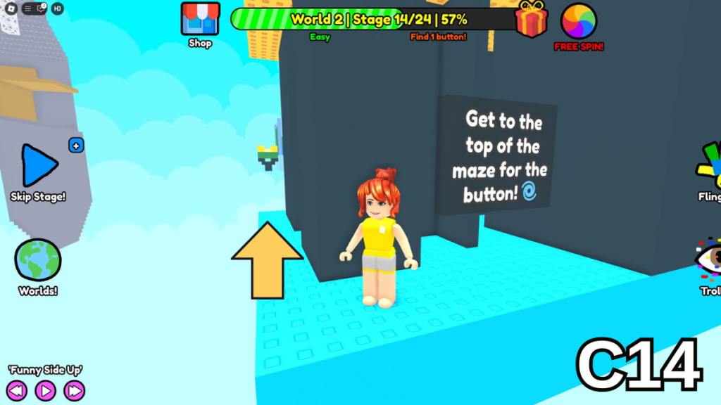 Walking around the left side of the maze in Stage 14 of the Easy Version of Roblox Find Buttons World Two