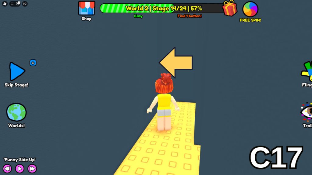 Walking left in the Stage 14 second floor maze in the Easy Version of Roblox Find Buttons World Two