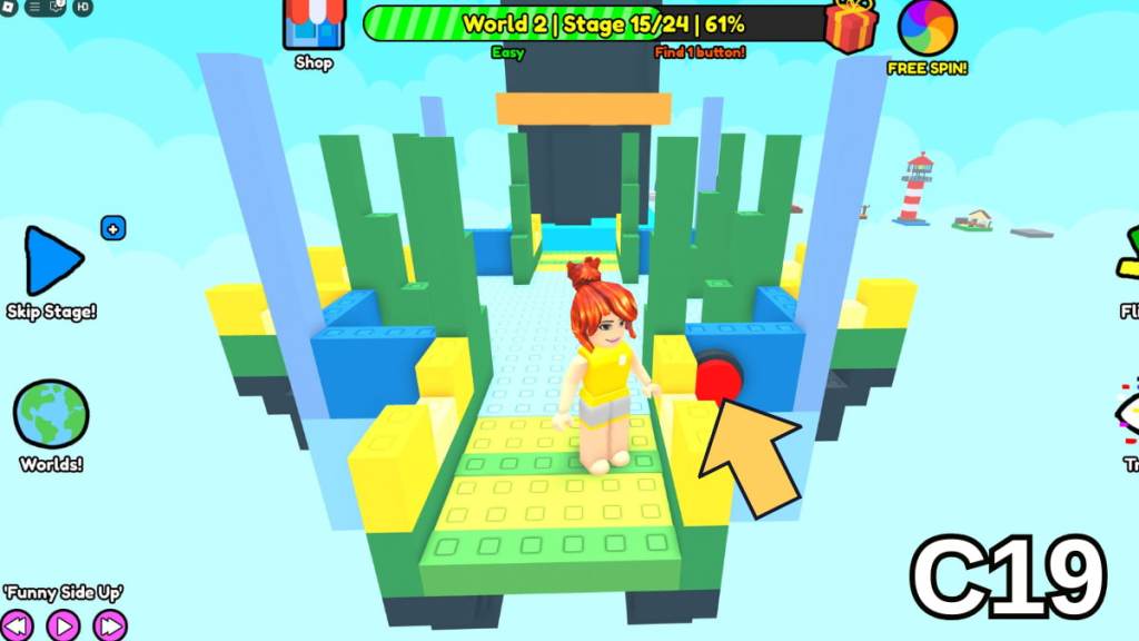 The Stage Fifteen button in the Easy Version of Roblox Find Buttons World Two