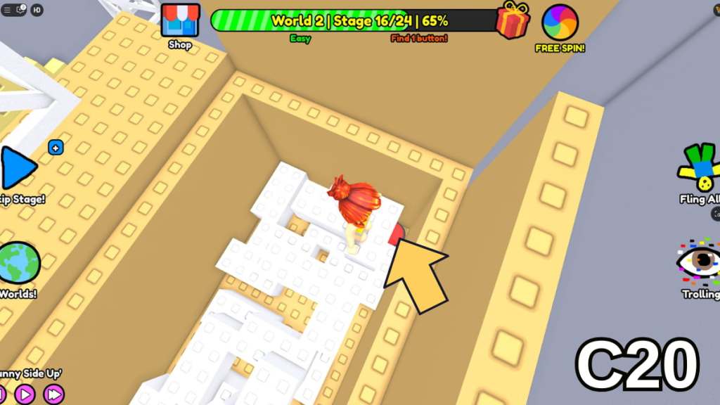 The Stage Sixteen button in the Easy Version of Roblox Find Buttons World Two