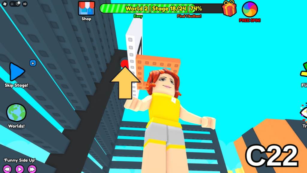 The Stage Eighteen button in the Easy Version of Roblox Find Buttons World Two