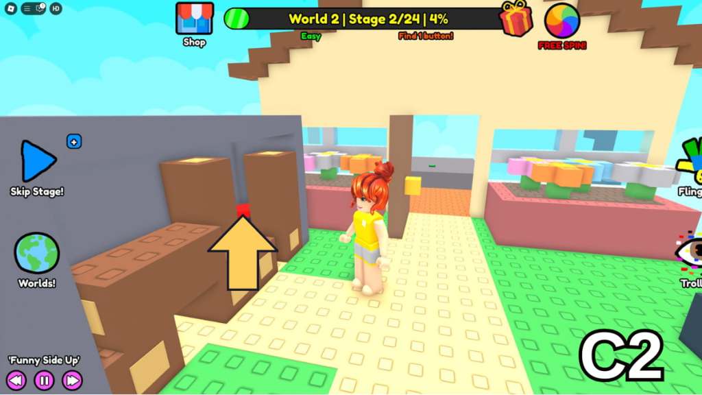 The Stage Two button in the Easy Version of Roblox Find Buttons World Two