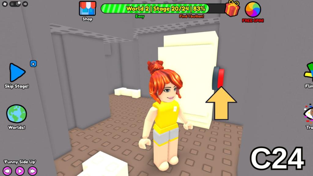 The Stage Twenty button in the Easy Version of Roblox Find Buttons World Two