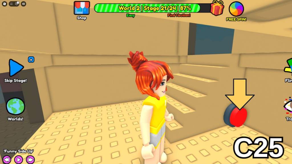The Stage Twenty-One button in the Easy Version of Roblox Find Buttons World Two
