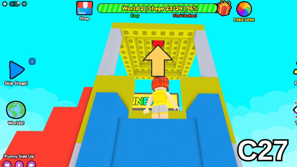 The Stage 23 button in the Easy Version of Roblox Find Buttons World Two