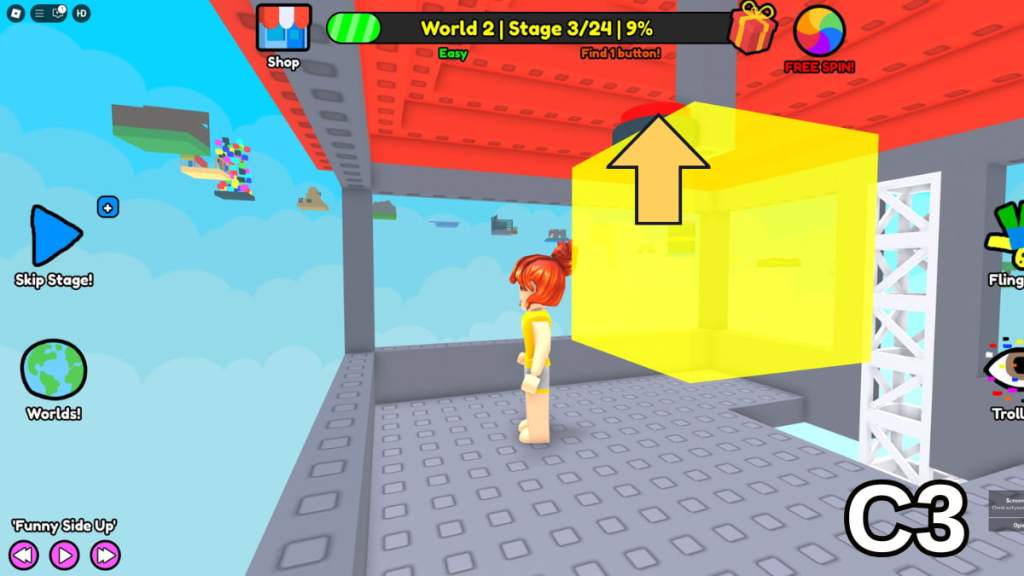 The Stage Three button in the Easy Version of Roblox Find Buttons World Two