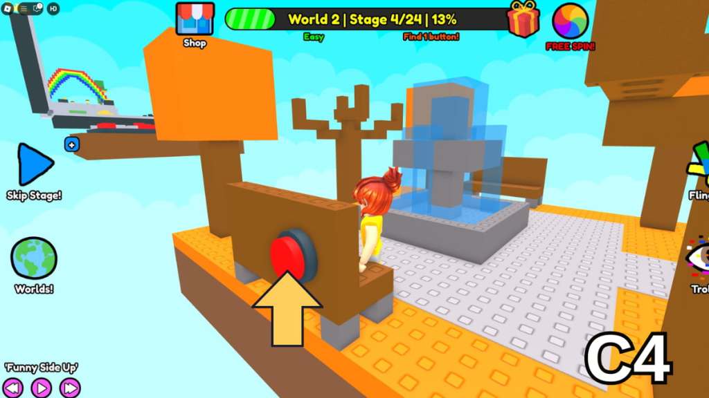 The Stage Four button in the Easy Version of Roblox Find Buttons World Two