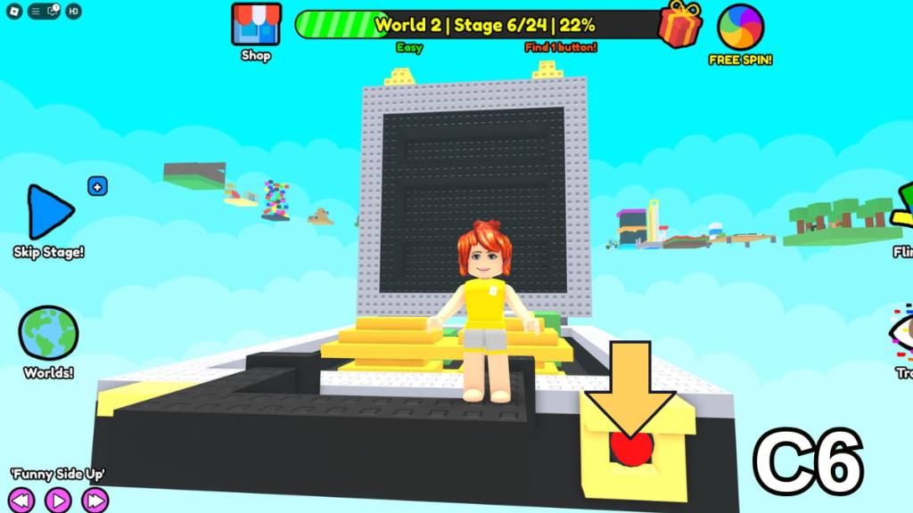 The Stage Six button in the Easy Version of Roblox Find Buttons World Two