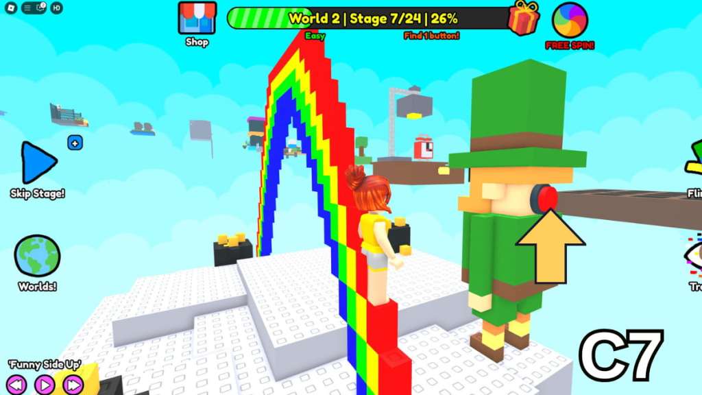 The Stage Seven button in the Easy Version of Roblox Find Buttons World Two