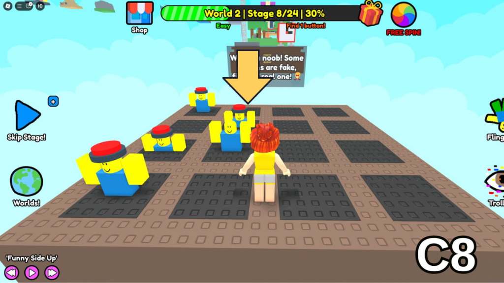 The Stage Eight button in the Easy Version of Roblox Find Buttons World Two