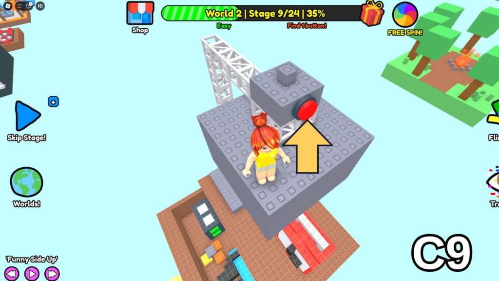 The Stage Nine button in the Easy Version of Roblox Find Buttons World Two