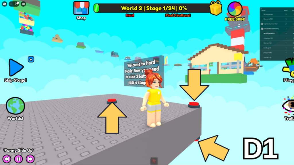 The Stage 1 buttons in the Hard Version of Roblox Find Buttons World Two