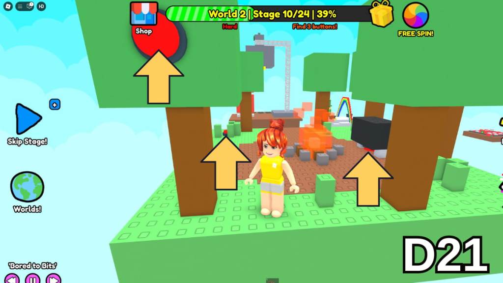 The Stage 10 buttons in the Hard Version of Roblox Find Buttons World Two