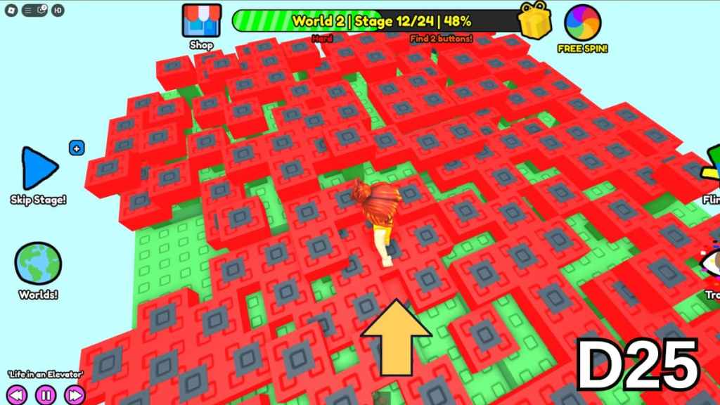 The hidden button in the center of Stage 12 in the Hard Version of Roblox Find Buttons World Two