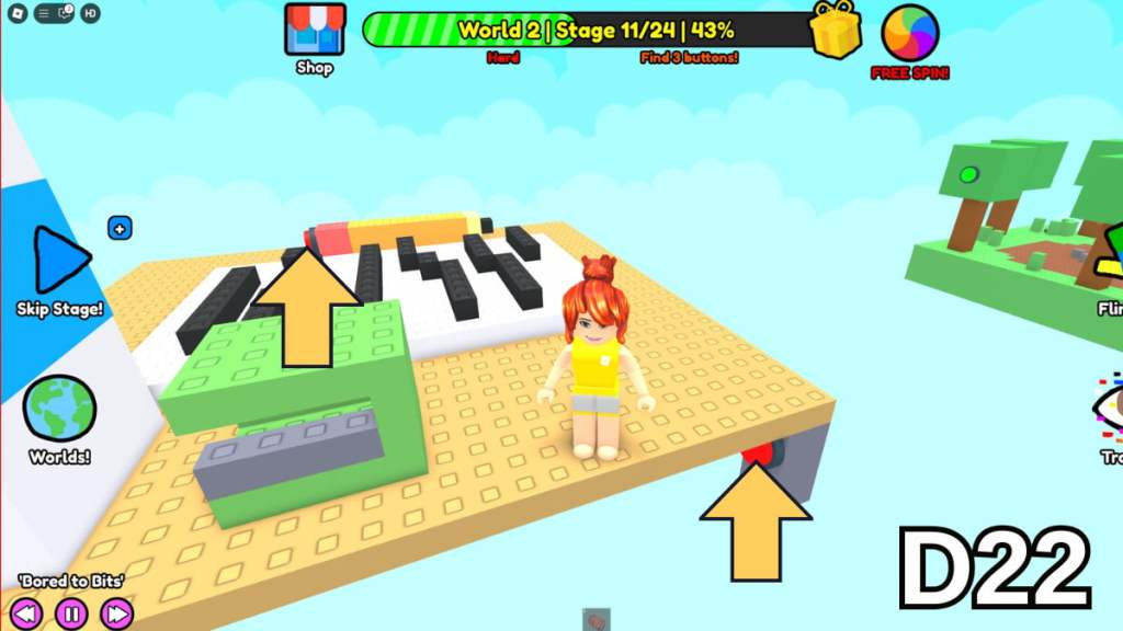 The first two Stage 11 buttons in the Hard Version of Roblox Find Buttons World Two