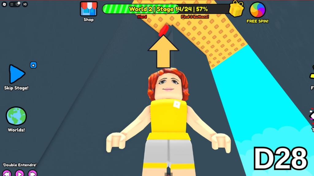 The first floor button in Stage 14 of the Hard Version of Roblox Find Buttons World Two