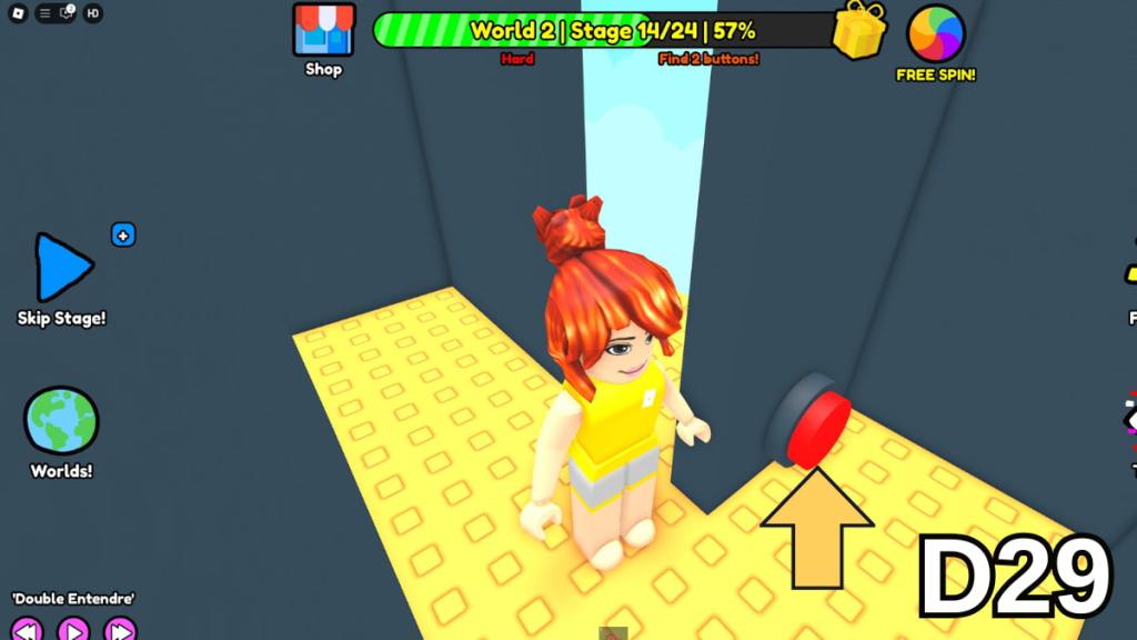 The second floor button in Stage 14 of the Hard Version of Roblox Find Buttons World Two