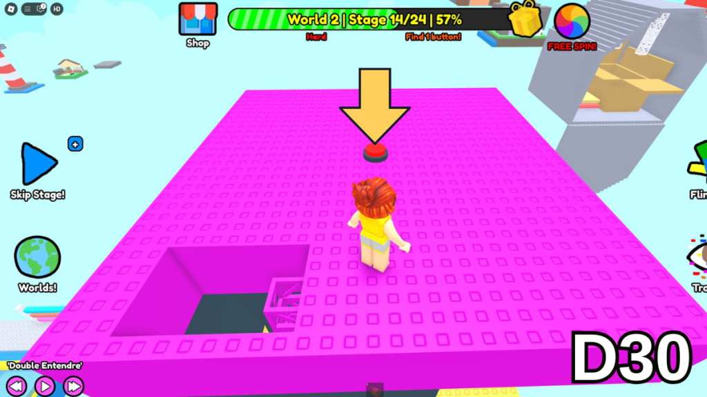 The third floor button in Stage 14 of the Hard Version of Roblox Find Buttons World Two