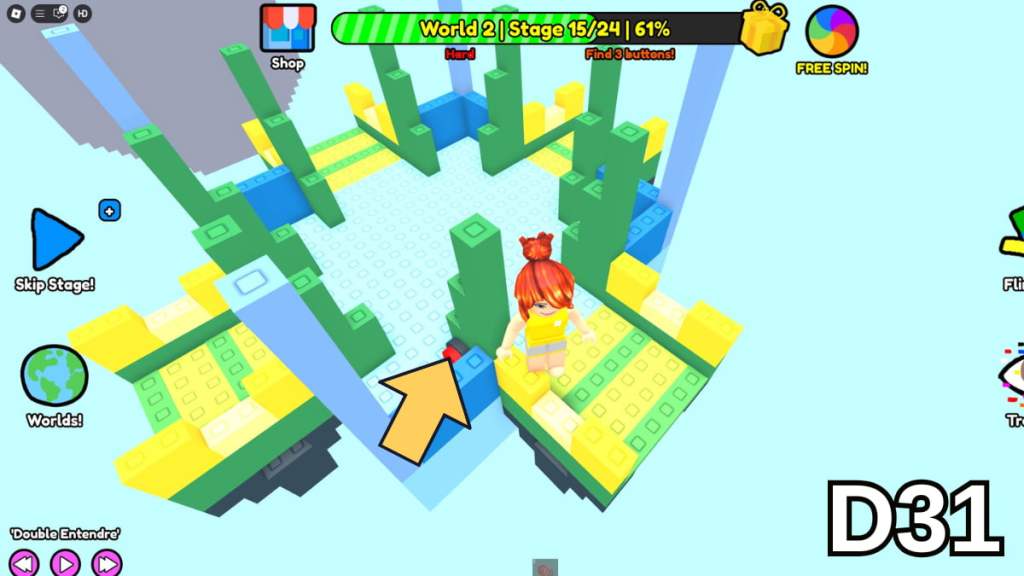 The button left of the start of Stage 15 in the Hard Version of Roblox Find Buttons World Two