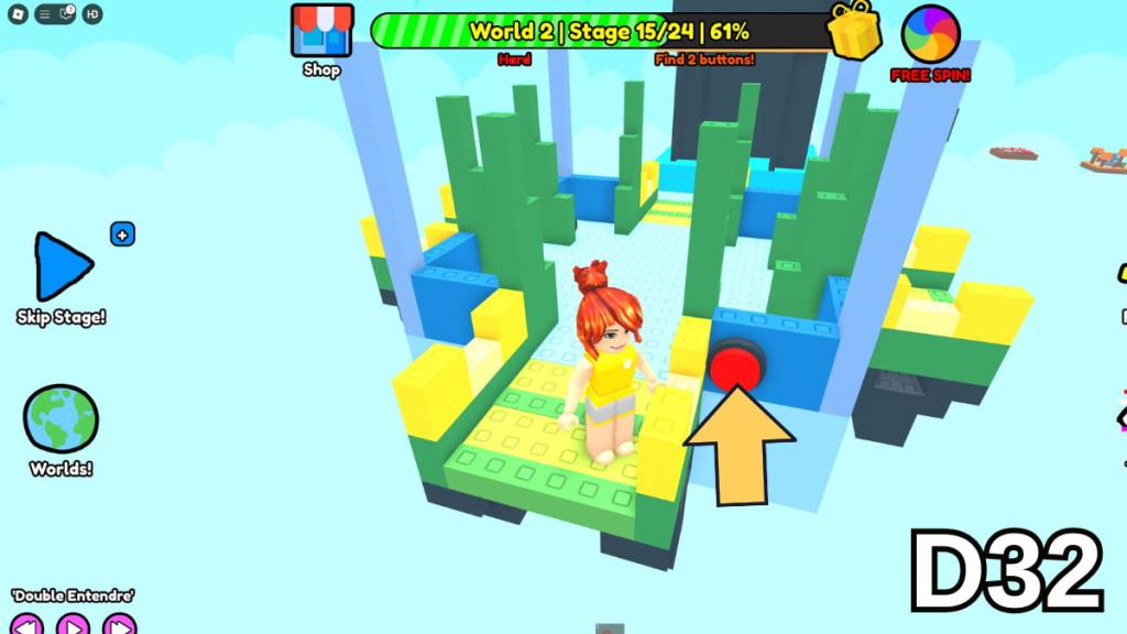 The button on the right side of Stage 15 in the Hard Version of Roblox Find Buttons World Two