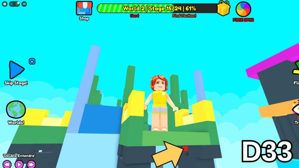 The button beneath the Stage 15 bridge in the Hard Version of Roblox Find Buttons World Two