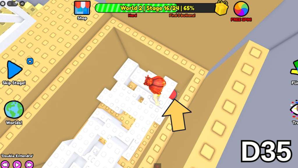 The button in the bottom of the Stage 16 box in the Hard Version of Roblox Find Buttons World Two