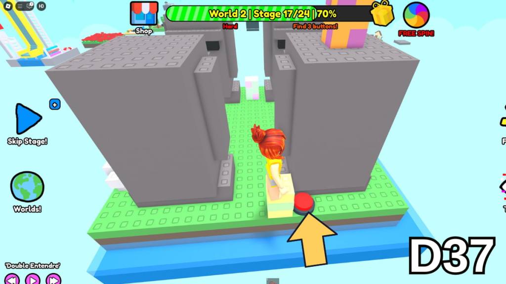 A button hidden behind the statues in Stage 17 of the Hard Version of Roblox Find Buttons World Two