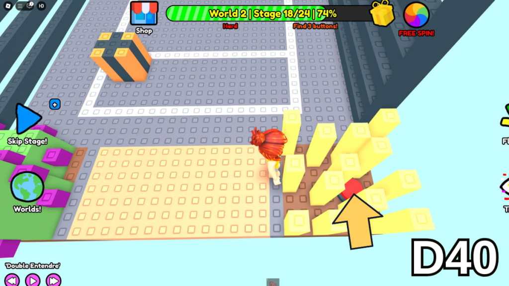 A Stage 18 button hidden in a patch of grass in the Hard Version of Roblox Find Buttons World Two
