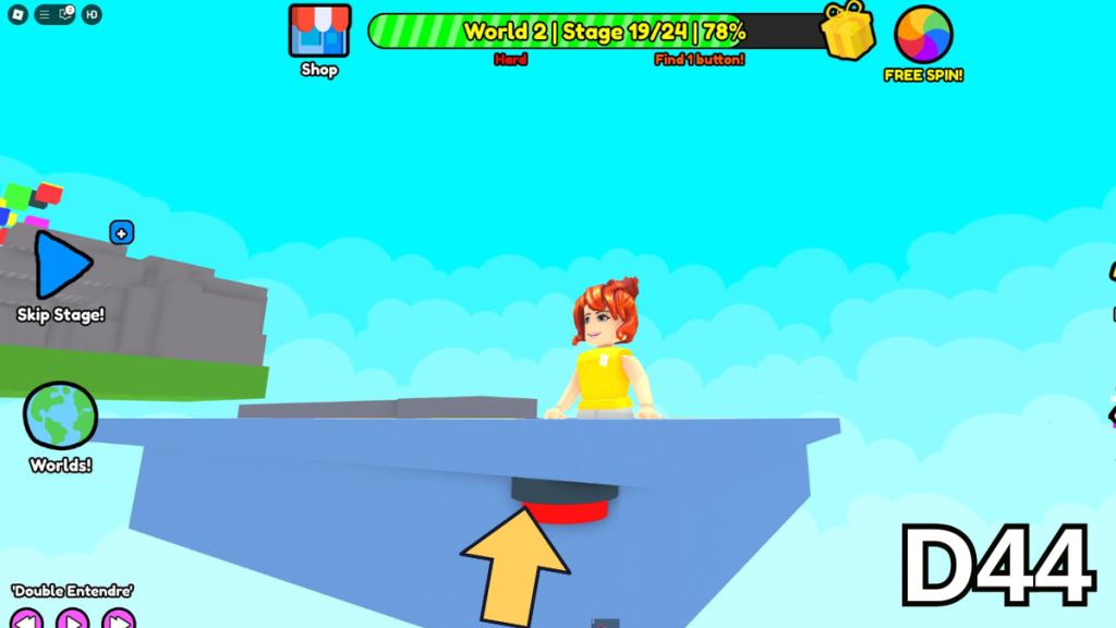 The button on the rim of the Stage 19 bowl in the Hard Version of Roblox Find Buttons World Two
