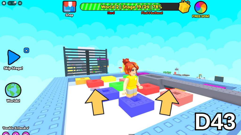 Two of the Stage 19 buttons in the Hard Version of Roblox Find Buttons World Two