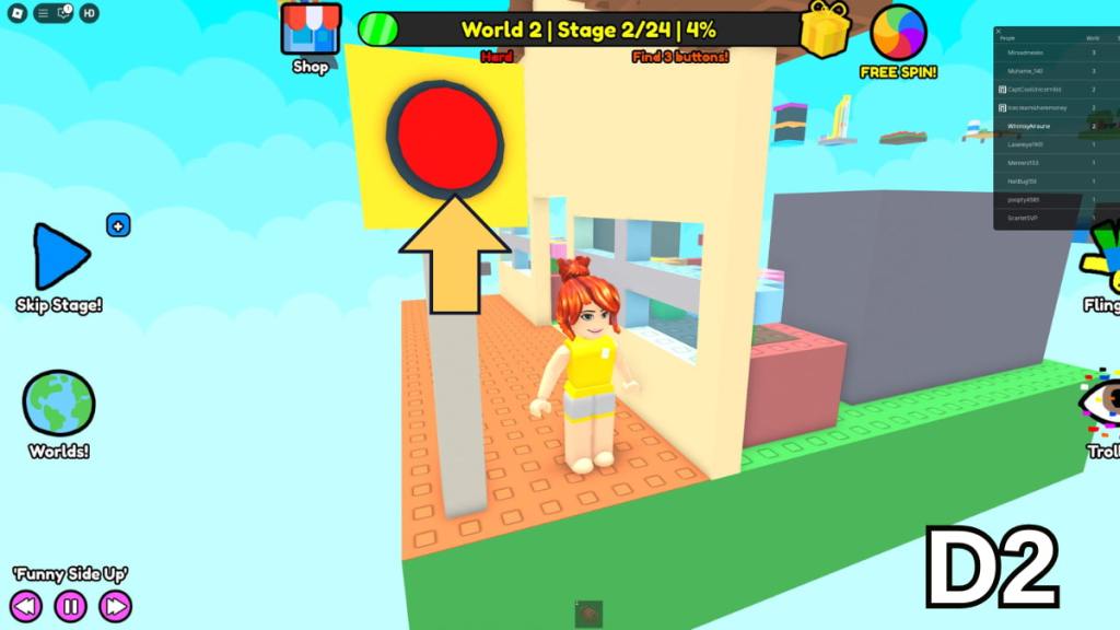 The Stage 2 sign button in the Hard Version of Roblox Find Buttons World Two