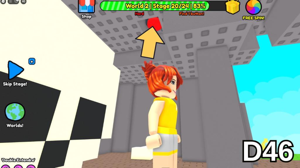 The button on the Stage 20 cave&rsquo;s ceiling in the Hard Version of Roblox Find Buttons World Two