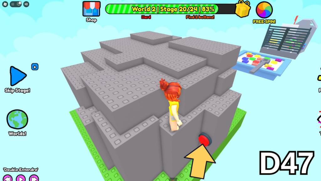 The button on the outside of the Stage 20 cave in the Hard Version of Roblox Find Buttons World Two