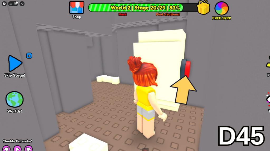 A button on the back of the Stage 20 skull in the Hard Version of Roblox Find Buttons World Two