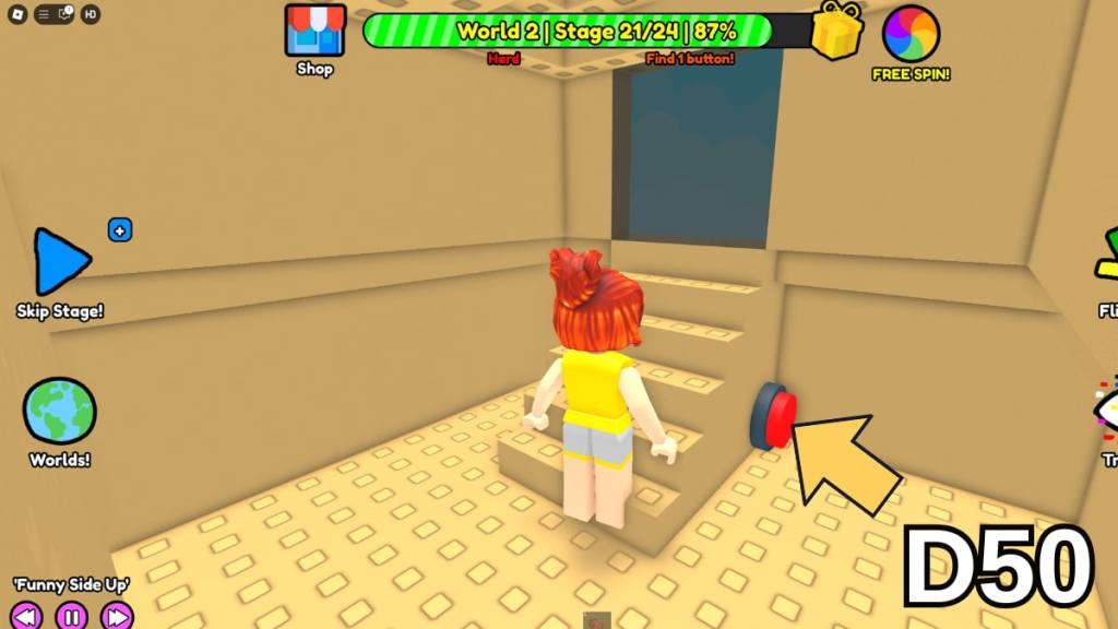 The button on the first floor of the Stage 21 anthill in the Hard Version of Roblox Find Buttons World Two