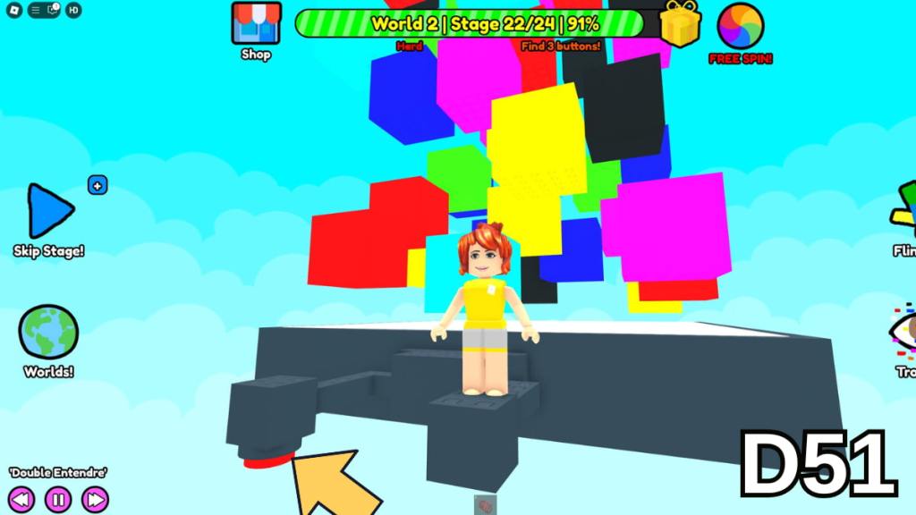 The button beneath the antenna on Stage 22 of the Hard Version of Roblox Find Buttons World Two