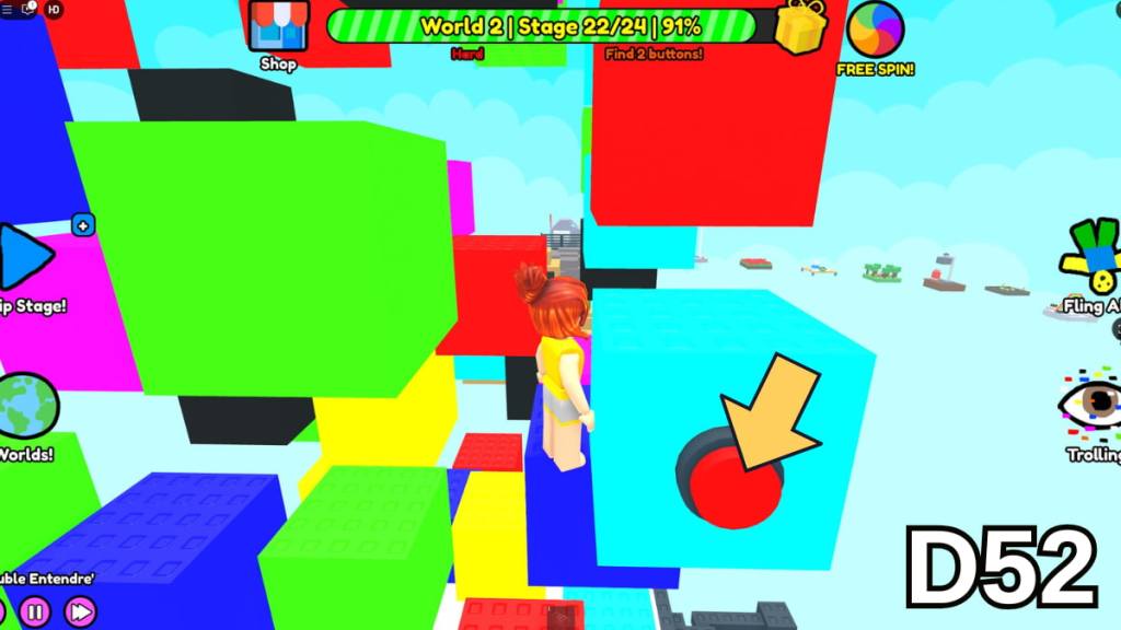 The button on a bright blue cube in Stage 22 of the Hard Version of Roblox Find Buttons World Two