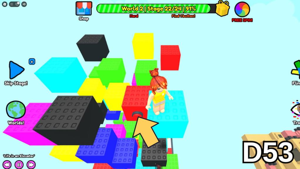 The button on a red cube in Stage 22 of the Hard Version of Roblox Find Buttons World Two