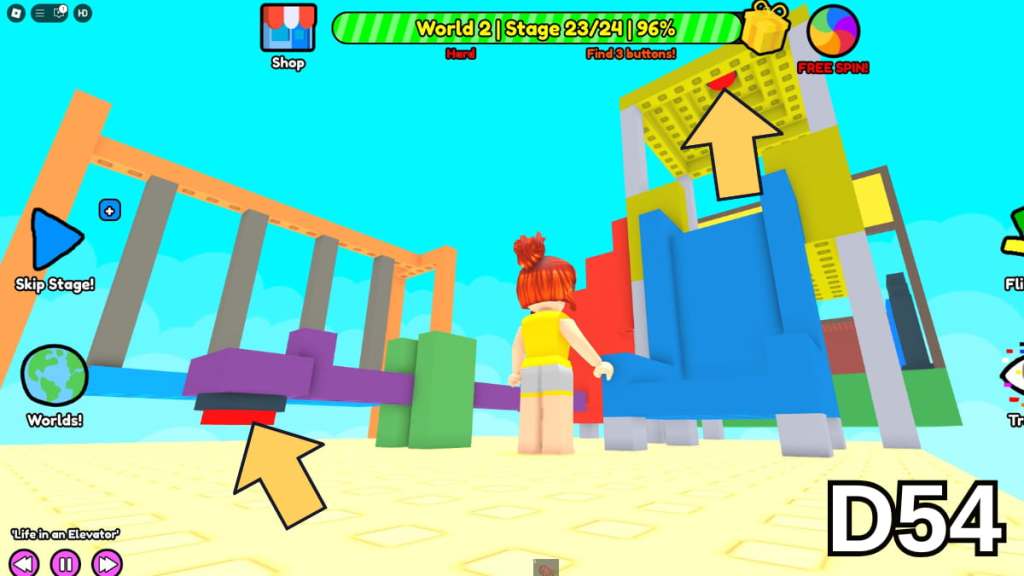 The first two buttons in Stage 23 of the Hard Version of Roblox Find Buttons World Two