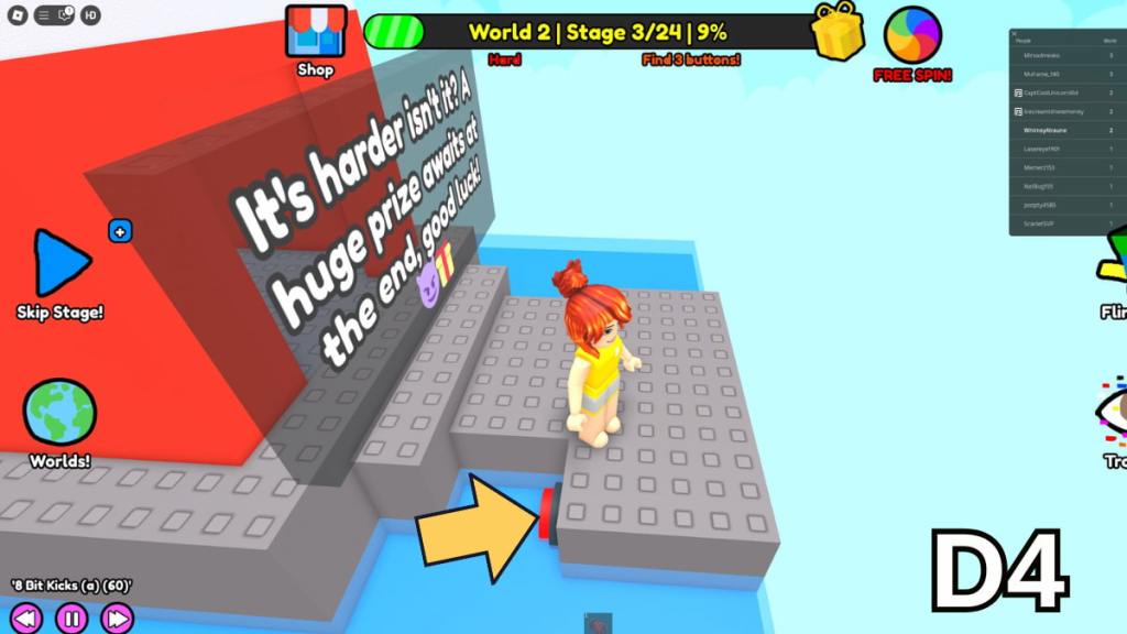 The button at the start of Stage 3 in the Hard Version of Roblox Find Buttons World Two