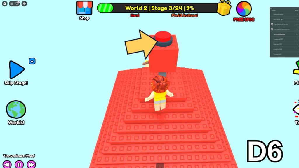 The button on top of the Stage 3 lighthouse in the Hard Version of Roblox Find Buttons World Two