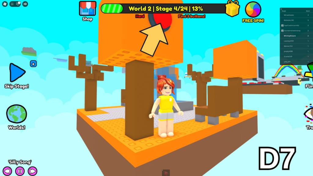 The button on the right side of a Stage 4 tree in the Hard Version of Roblox Find Buttons World Two