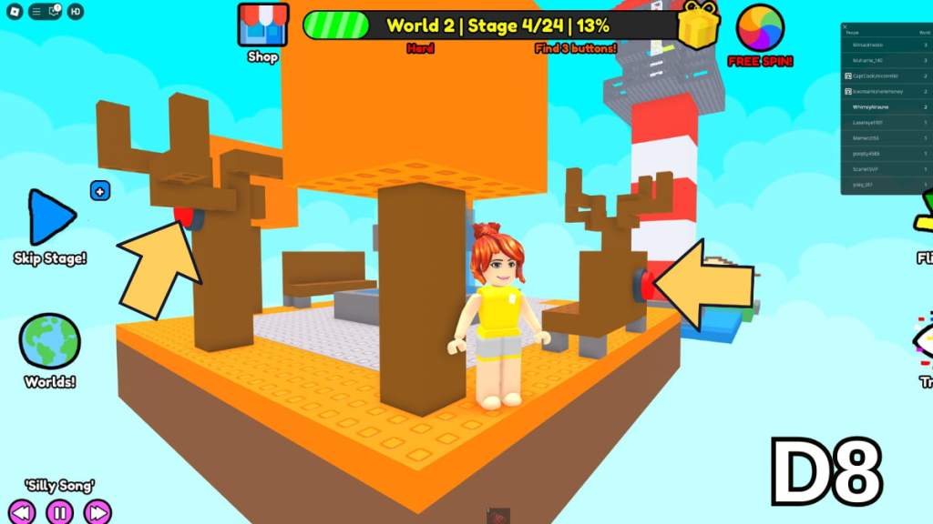 The second and third Stage 4 buttons in the Hard Version of Roblox Find Buttons World Two