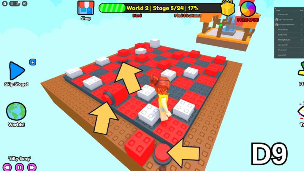 The Stage 5 buttons in the Hard Version of Roblox Find Buttons World Two